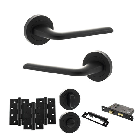 Quality image of Eco Surf Door Handle Pack (Bathroom Set - 3" CE Bathroom Lock, 4" Fire Rated Hinges x3) - Matt Black | Sku. adpeco60mb11 | available from Trade Door Handles.