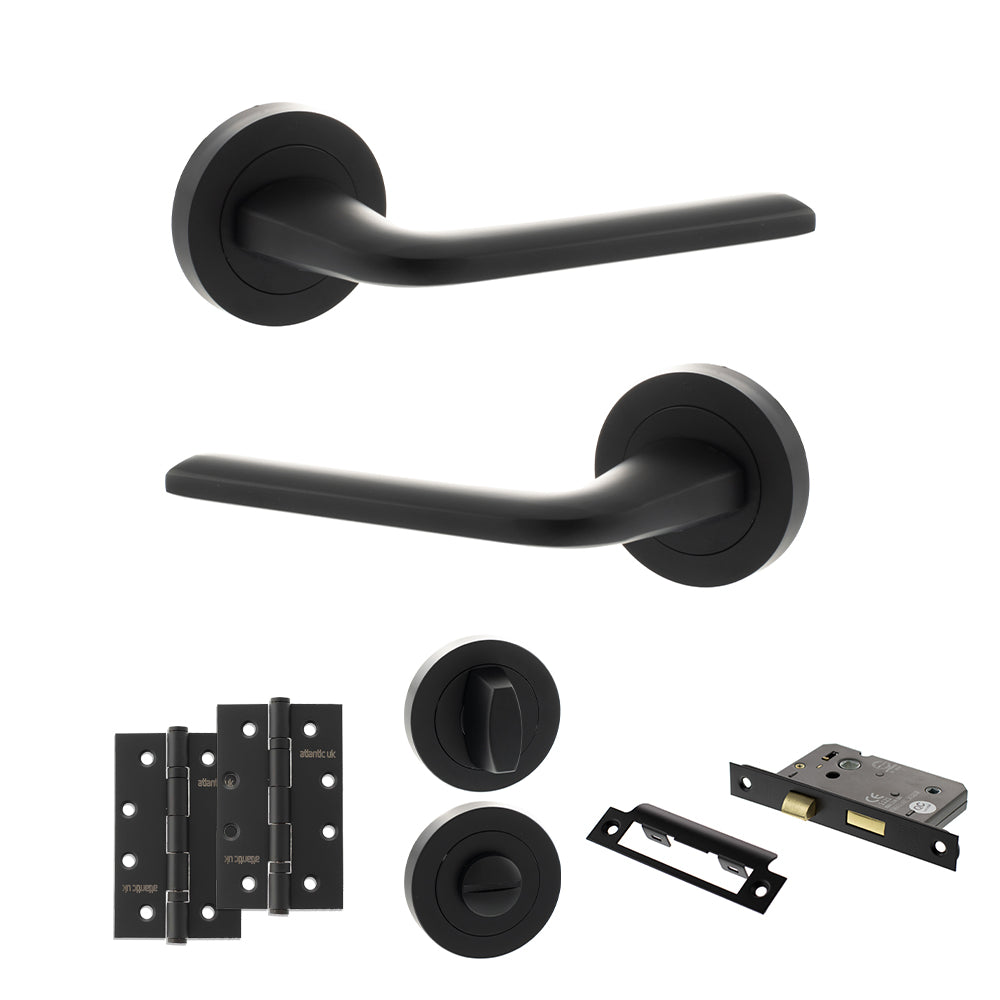 Quality image of Eco Surf Door Handle Pack (Bathroom Set - 3" CE Bathroom Lock, 4" Slim Knuckle Hinges x2) - Matt Black | Sku. adpeco60mb13 | available from Trade Door Handles.