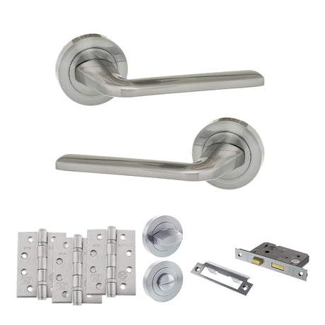 Quality image of Eco Surf Door Handle Pack (Bathroom Set - 2.5" CE Bathroom Lock, 4" Fire Rated Hinges x3) - Satin Chrome | Sku. adpeco60sc10 | available from Trade Door Handles.