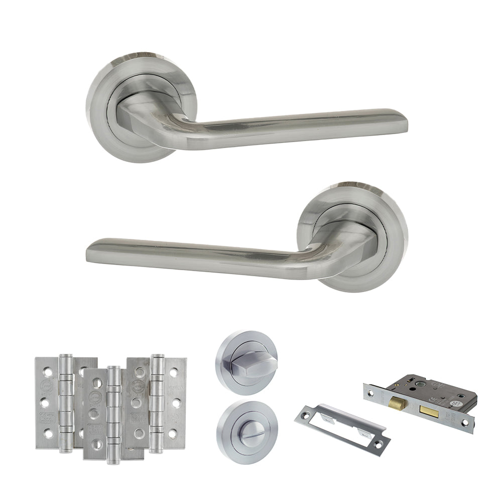 Quality image of Eco Surf Door Handle Pack (Bathroom Set - 2.5" CE Bathroom Lock, 3" Fire Rated Hinges x3) - Satin Chrome | Sku. adpeco60sc8 | available from Trade Door Handles.