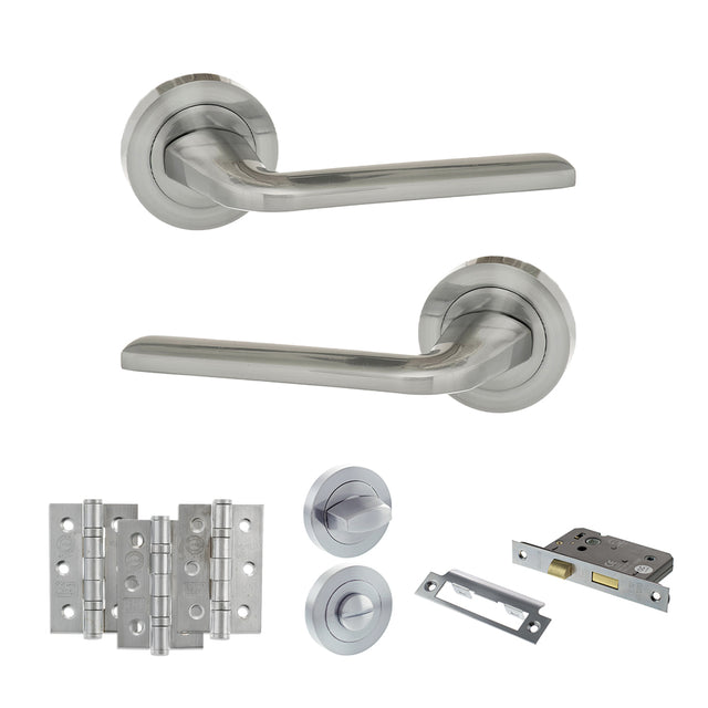Quality image of Eco Surf Door Handle Pack (Bathroom Set - 2.5" CE Bathroom Lock, 3" Fire Rated Hinges x3) - Satin Chrome | Sku. adpeco60sc8 | available from Trade Door Handles.