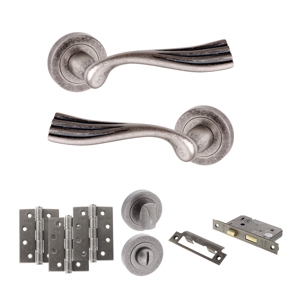 Quality image of Old English Richmond Door Handle Pack (Bathroom Set - 2.5" CE Bathroom Lock, 4" Fire Rated Hinges x3) - Distressed Silver | Sku. adpoe110ds10 | available from Trade Door Handles.