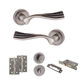 Quality image of Old English Richmond Door Handle Pack (Bathroom Set - 3" CE Bathroom Lock, 4" Slim Knuckle Hinges x2) - Distressed Silver | Sku. adpoe110ds13 | available from Trade Door Handles.