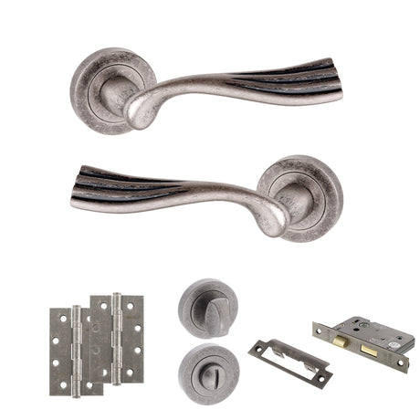 Quality image of Old English Richmond Door Handle Pack (Bathroom Set - 3" CE Bathroom Lock, 4" Slim Knuckle Hinges x2) - Distressed Silver | Sku. adpoe110ds13 | available from Trade Door Handles.