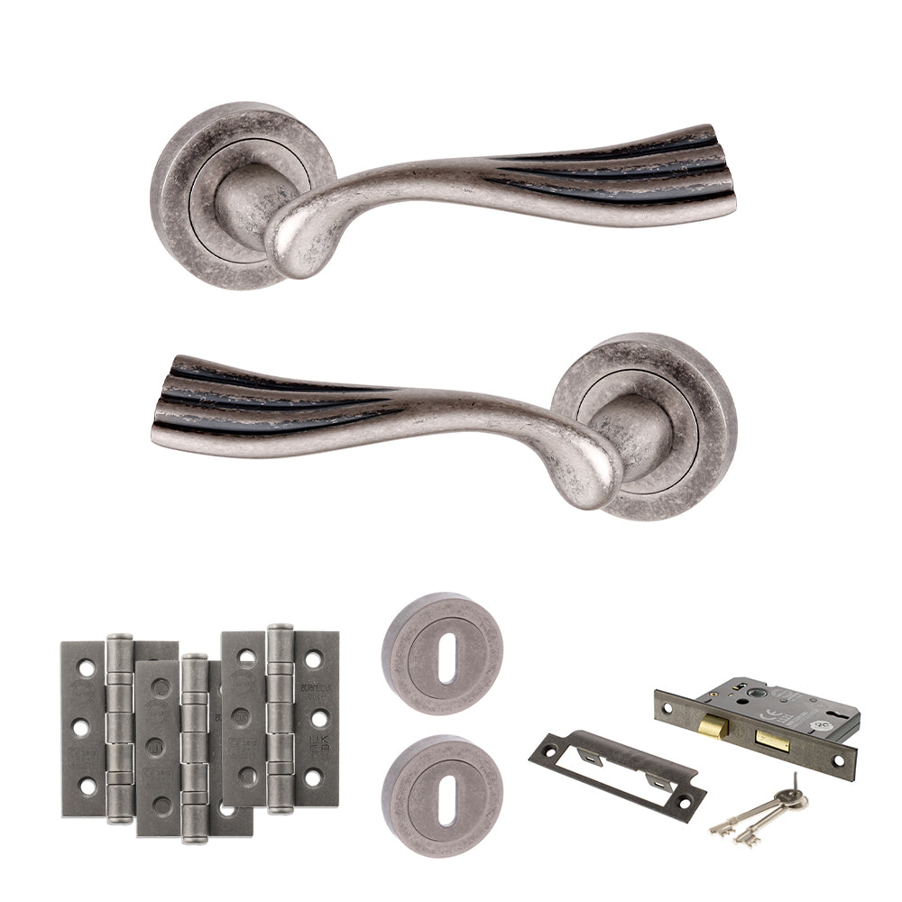 Quality image of Old English Richmond Door Handle Pack (3 Lever Lock Set - 3" CE Sashlock, 3" Fire Rated Hinges x3) - Distressed Silver | Sku. adpoe110ds15 | available from Trade Door Handles.
