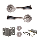 Quality image of Old English Richmond Door Handle Pack (3 Lever Lock Set - 3" CE Sashlock, 3" Fire Rated Hinges x3) - Distressed Silver | Sku. adpoe110ds15 | available from Trade Door Handles.