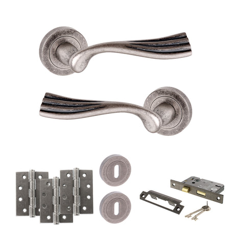 Quality image of Old English Richmond Door Handle Pack (3 Lever Lock Set - 3" CE Sashlock, 4" Fire Rated Hinges x3) - Distressed Silver | Sku. adpoe110ds17 | available from Trade Door Handles.