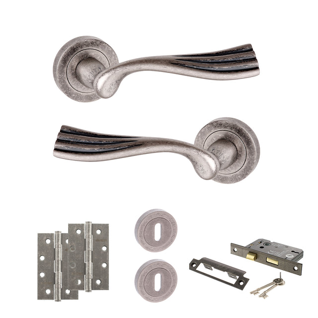 Quality image of Old English Richmond Door Handle Pack (3 Lever Lock Set - 2.5" CE Sashlock, 4" Slim Knuckle Hinges x2) - Distressed Silver | Sku. adpoe110ds18 | available from Trade Door Handles.