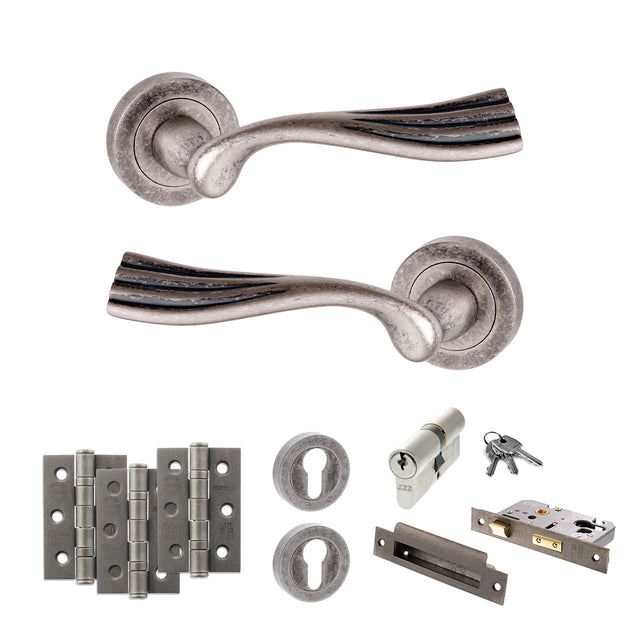 Quality image of Old English Richmond Door Handle Pack (Euro Lock Set - 3" CE Sashlock, 3" Fire Rated Hinges x3) - Distressed Silver | Sku. adpoe110ds21 | available from Trade Door Handles.