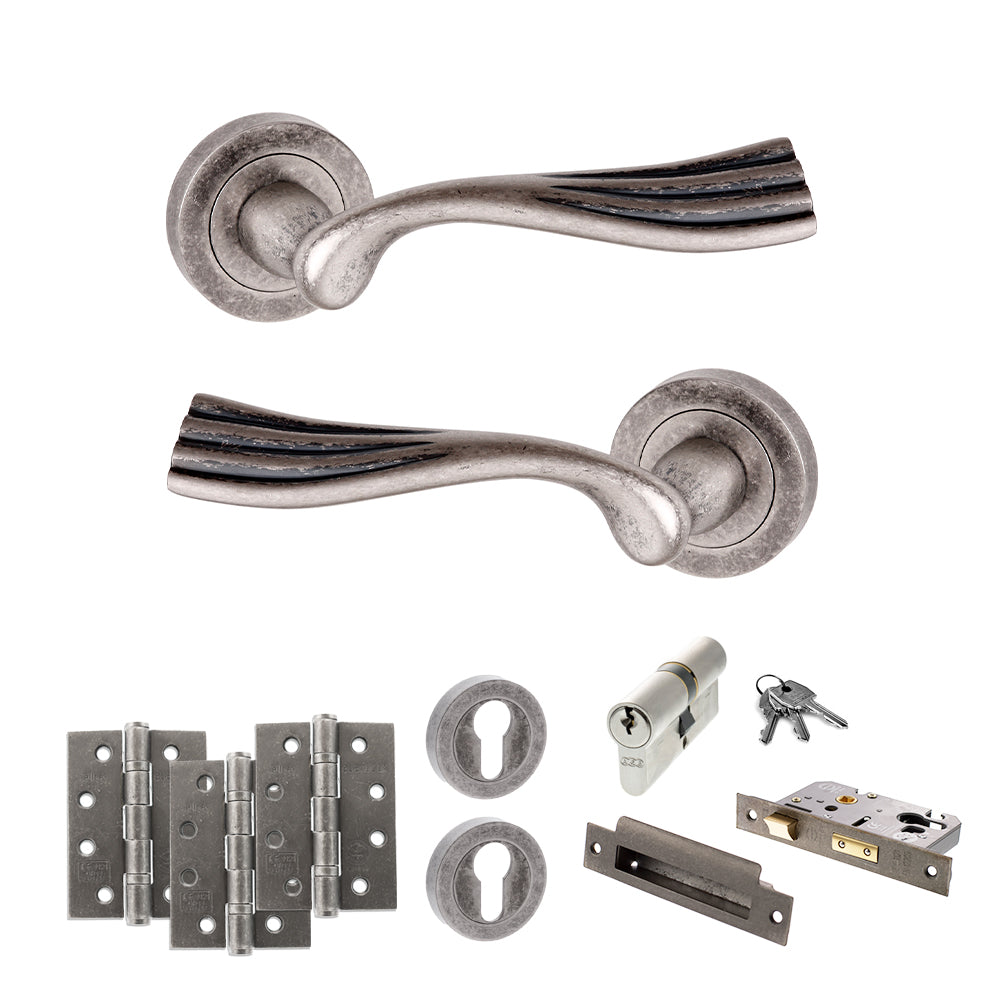 Quality image of Old English Richmond Door Handle Pack (Euro Lock Set - 2.5" CE Sashlock, 4" Fire Rated Hinges x3) - Distressed Silver | Sku. adpoe110ds22 | available from Trade Door Handles.