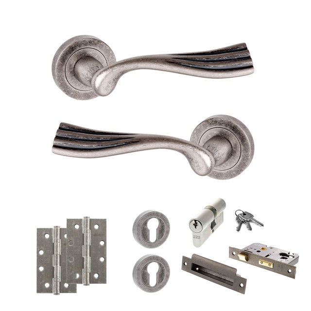 Quality image of Old English Richmond Door Handle Pack (Euro Lock Set - 3" CE Sashlock, 4" Slim Knuckle Hinges x2) - Distressed Silver | Sku. adpoe110ds25 | available from Trade Door Handles.