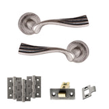 Quality image of Old English Richmond Door Handle Pack (Latch Set - 3" CE Latch, 3" Fire Rated Hinges x3) - Distressed Silver | Sku. adpoe110ds2 | available from Trade Door Handles.