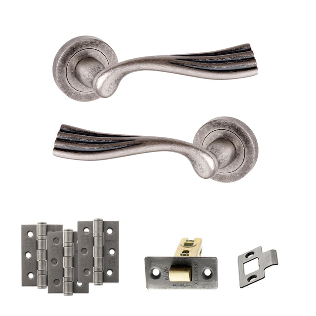 Quality image of Old English Richmond Door Handle Pack (Latch Set - 3" CE Latch, 3" Fire Rated Hinges x3) - Distressed Silver | Sku. adpoe110ds2 | available from Trade Door Handles.