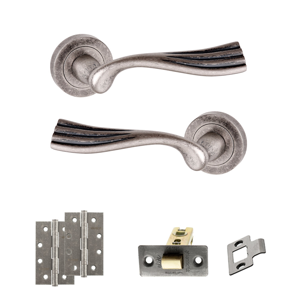 Quality image of Old English Richmond Door Handle Pack (Latch Set - 2.5" CE Latch, 4" Slim Knuckle Hinges x2) - Distressed Silver | Sku. adpoe110ds5 | available from Trade Door Handles.