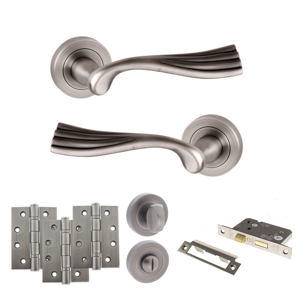 Quality image of Old English Richmond Door Handle Pack (Bathroom Set - 3" CE Bathroom Lock, 4" Fire Rated Hinges x3) - Matt Gun Metal | Sku. adpoe110mbn11 | available from Trade Door Handles.