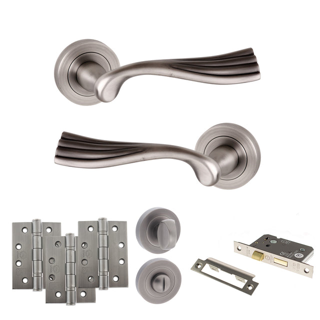 Quality image of Old English Richmond Door Handle Pack (Bathroom Set - 3" CE Bathroom Lock, 4" Fire Rated Hinges x3) - Matt Gun Metal | Sku. adpoe110mbn11 | available from Trade Door Handles.