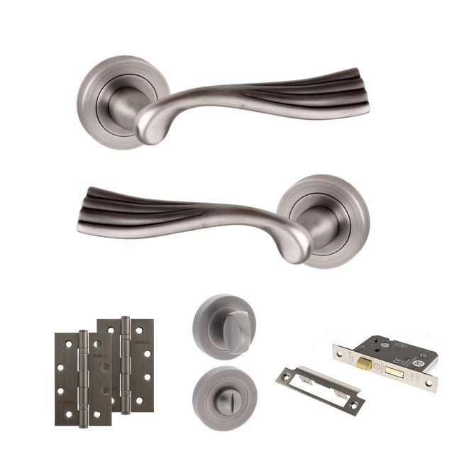 Quality image of Old English Richmond Door Handle Pack (Bathroom Set - 3" CE Bathroom Lock, 4" Slim Knuckle Hinges x2) - Matt Gun Metal | Sku. adpoe110mbn13 | available from Trade Door Handles.