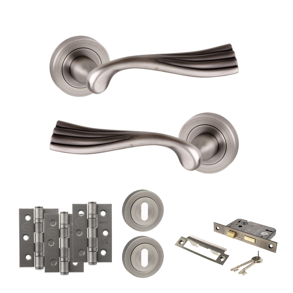 Quality image of Old English Richmond Door Handle Pack (3 Lever Lock Set - 3" CE Sashlock, 3" Fire Rated Hinges x3) - Matt Gun Metal | Sku. adpoe110mbn15 | available from Trade Door Handles.