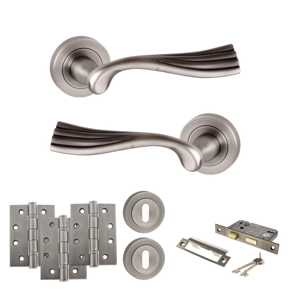 Quality image of Old English Richmond Door Handle Pack (3 Lever Lock Set - 2.5" CE Sashlock, 4" Fire Rated Hinges x3) - Matt Gun Metal | Sku. adpoe110mbn16 | available from Trade Door Handles.
