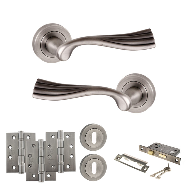 Quality image of Old English Richmond Door Handle Pack (3 Lever Lock Set - 2.5" CE Sashlock, 4" Fire Rated Hinges x3) - Matt Gun Metal | Sku. adpoe110mbn16 | available from Trade Door Handles.