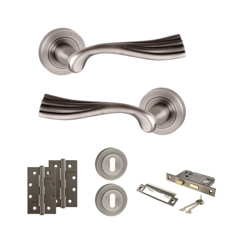 Quality image of Old English Richmond Door Handle Pack (3 Lever Lock Set - 3" CE Sashlock, 4" Slim Knuckle Hinges x2) - Matt Gun Metal | Sku. adpoe110mbn19 | available from Trade Door Handles.