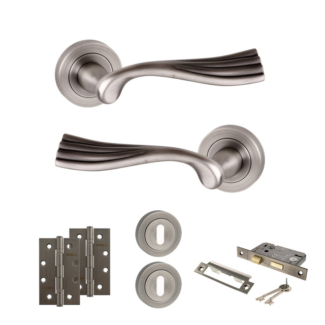 Quality image of Old English Richmond Door Handle Pack (3 Lever Lock Set - 3" CE Sashlock, 4" Slim Knuckle Hinges x2) - Matt Gun Metal | Sku. adpoe110mbn19 | available from Trade Door Handles.
