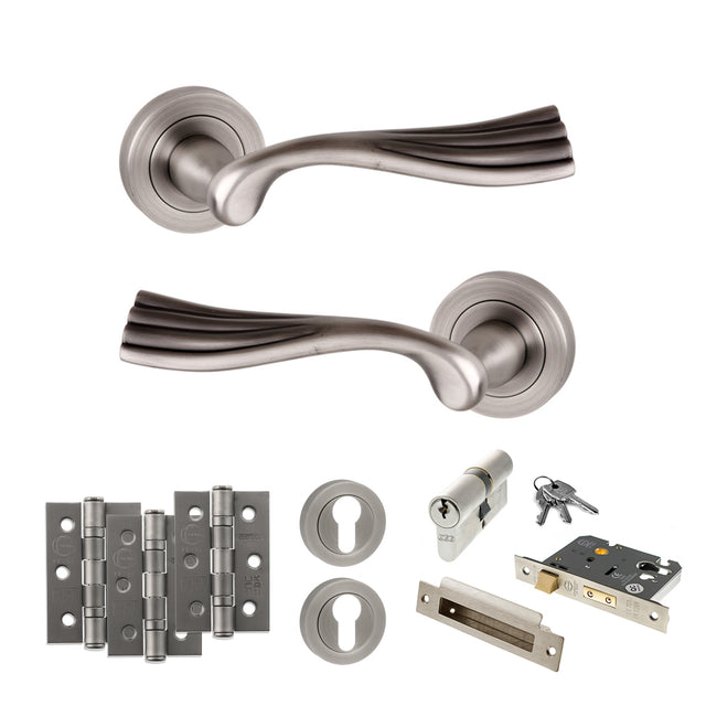 Quality image of Old English Richmond Door Handle Pack (Euro Lock Set - 2.5" CE Sashlock, 3" Fire Rated Hinges x3) - Matt Gun Metal | Sku. adpoe110mbn20 | available from Trade Door Handles.