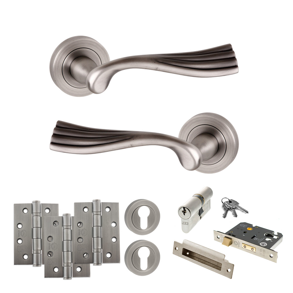 Quality image of Old English Richmond Door Handle Pack (Euro Lock Set - 2.5" CE Sashlock, 4" Fire Rated Hinges x3) - Matt Gun Metal | Sku. adpoe110mbn22 | available from Trade Door Handles.