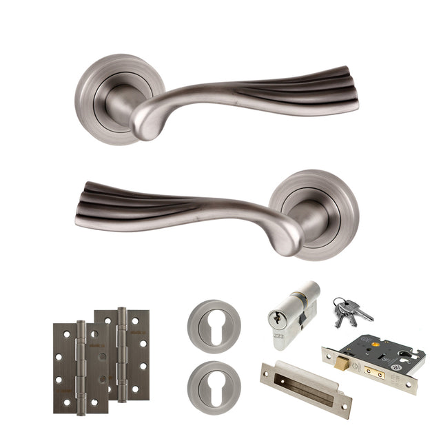 Quality image of Old English Richmond Door Handle Pack (Euro Lock Set - 2.5" CE Sashlock, 4" Slim Knuckle Hinges x2) - Matt Gun Metal | Sku. adpoe110mbn24 | available from Trade Door Handles.