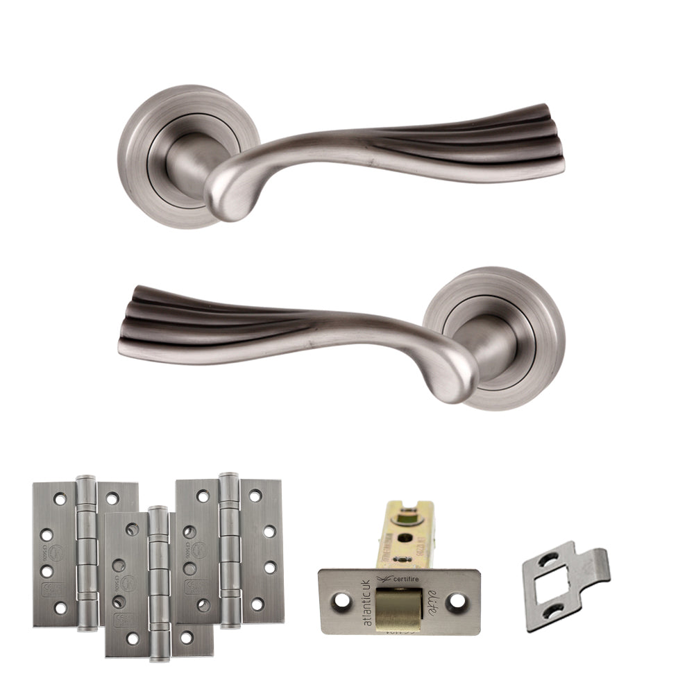 Quality image of Old English Richmond Door Handle Pack (Latch Set - 3" CE Latch, 4" Fire Rated Hinges x3) - Matt Gun Metal | Sku. adpoe110mbn4 | available from Trade Door Handles.