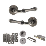 Quality image of Old English Durham Door Handle Pack (Bathroom Set - 3" CE Bathroom Lock, 4" Fire Rated Hinges x3) - Distressed Silver | Sku. adpoe127ds11 | available from Trade Door Handles.