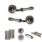 Quality image of Old English Durham Door Handle Pack (Bathroom Set - 2.5" CE Bathroom Lock, 4" Slim Knuckle Hinges x2) - Distressed Silver | Sku. adpoe127ds12 | available from Trade Door Handles.