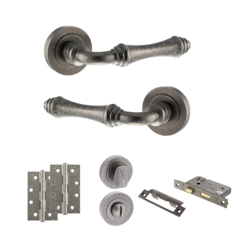 Quality image of Old English Durham Door Handle Pack (Bathroom Set - 2.5" CE Bathroom Lock, 4" Slim Knuckle Hinges x2) - Distressed Silver | Sku. adpoe127ds12 | available from Trade Door Handles.