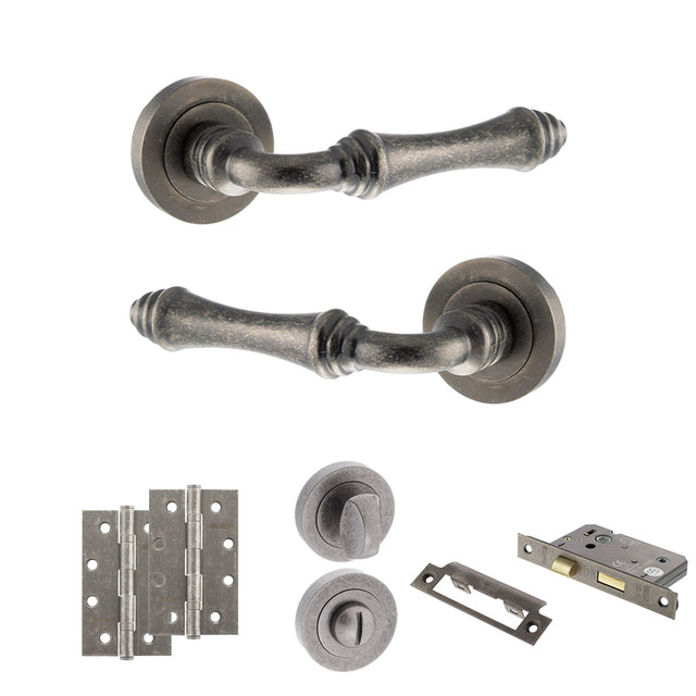 Quality image of Old English Durham Door Handle Pack (Bathroom Set - 2.5" CE Bathroom Lock, 4" Slim Knuckle Hinges x2) - Distressed Silver | Sku. adpoe127ds12 | available from Trade Door Handles.
