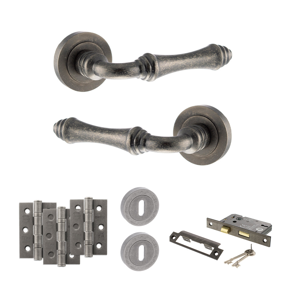 Quality image of Old English Durham Door Handle Pack (3 Lever Lock Set - 2.5" CE Sashlock, 3" Fire Rated Hinges x3) - Distressed Silver | Sku. adpoe127ds14 | available from Trade Door Handles.