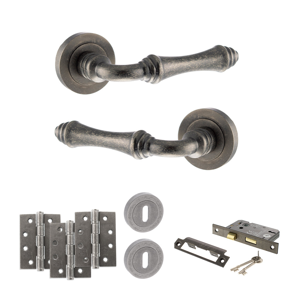 Quality image of Old English Durham Door Handle Pack (3 Lever Lock Set - 2.5" CE Sashlock, 4" Fire Rated Hinges x3) - Distressed Silver | Sku. adpoe127ds16 | available from Trade Door Handles.