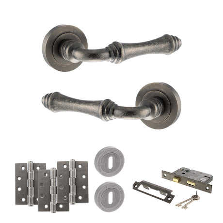 Quality image of Old English Durham Door Handle Pack (3 Lever Lock Set - 2.5" CE Sashlock, 4" Fire Rated Hinges x3) - Distressed Silver | Sku. adpoe127ds16 | available from Trade Door Handles.