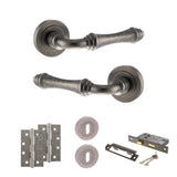Quality image of Old English Durham Door Handle Pack (3 Lever Lock Set - 2.5" CE Sashlock, 4" Slim Knuckle Hinges x2) - Distressed Silver | Sku. adpoe127ds18 | available from Trade Door Handles.