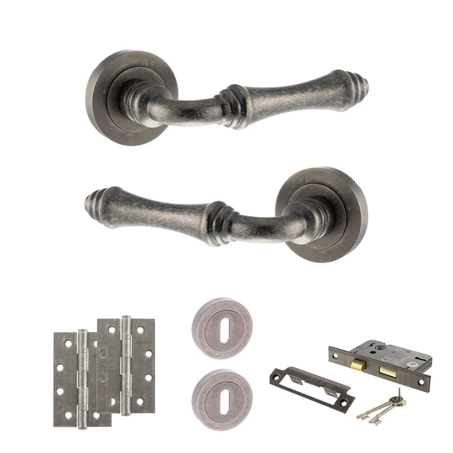 Quality image of Old English Durham Door Handle Pack (3 Lever Lock Set - 2.5" CE Sashlock, 4" Slim Knuckle Hinges x2) - Distressed Silver | Sku. adpoe127ds18 | available from Trade Door Handles.