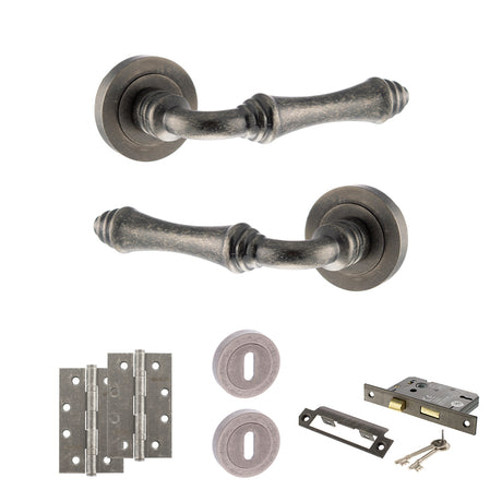 Quality image of Old English Durham Door Handle Pack (3 Lever Lock Set - 3" CE Sashlock, 4" Slim Knuckle Hinges x2) - Distressed Silver | Sku. adpoe127ds19 | available from Trade Door Handles.