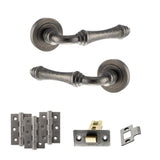 Quality image of Old English Durham Door Handle Pack (Latch Set - 2.5" CE Latch, 3" Fire Rated Hinges x3) - Distressed Silver | Sku. adpoe127ds1 | available from Trade Door Handles.