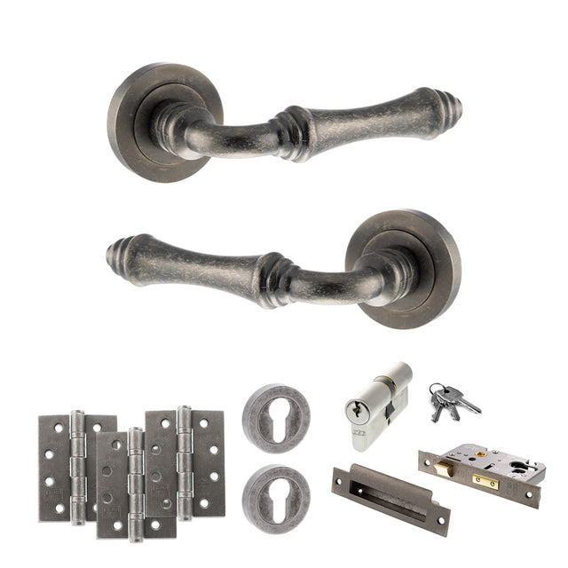 Quality image of Old English Durham Door Handle Pack (Euro Lock Set - 2.5" CE Sashlock, 4" Fire Rated Hinges x3) - Distressed Silver | Sku. adpoe127ds22 | available from Trade Door Handles.