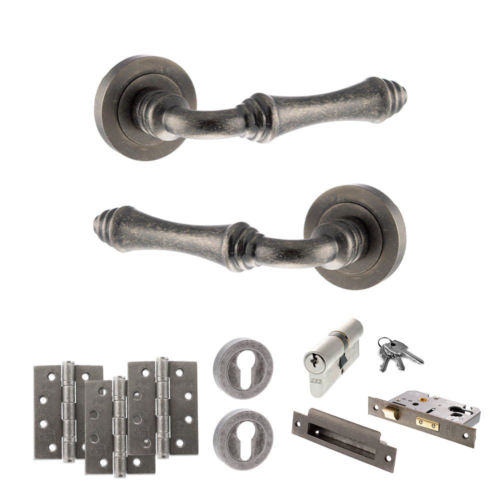 Quality image of Old English Durham Door Handle Pack (Euro Lock Set - 3" CE Sashlock, 4" Fire Rated Hinges x3) - Distressed Silver | Sku. adpoe127ds23 | available from Trade Door Handles.