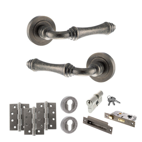 Quality image of Old English Durham Door Handle Pack (Euro Lock Set - 3" CE Sashlock, 4" Fire Rated Hinges x3) - Distressed Silver | Sku. adpoe127ds23 | available from Trade Door Handles.