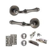 Quality image of Old English Durham Door Handle Pack (Euro Lock Set - 2.5" CE Sashlock, 4" Slim Knuckle Hinges x2) - Distressed Silver | Sku. adpoe127ds24 | available from Trade Door Handles.