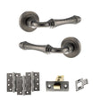 Quality image of Old English Durham Door Handle Pack (Latch Set - 3" CE Latch, 4" Fire Rated Hinges x3) - Distressed Silver | Sku. adpoe127ds4 | available from Trade Door Handles.