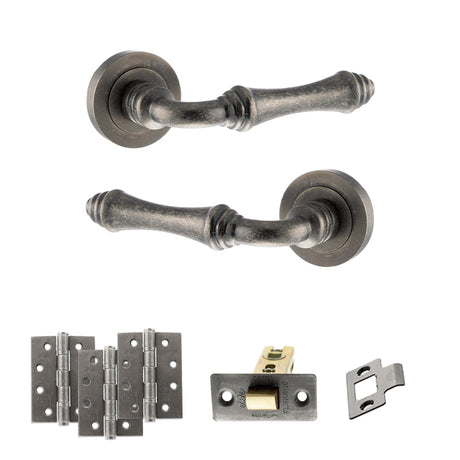 Quality image of Old English Durham Door Handle Pack (Latch Set - 3" CE Latch, 4" Fire Rated Hinges x3) - Distressed Silver | Sku. adpoe127ds4 | available from Trade Door Handles.