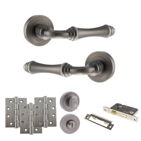 Quality image of Old English Durham Door Handle Pack (Bathroom Set - 2.5" CE Bathroom Lock, 4" Fire Rated Hinges x3) - Matt Gun Metal | Sku. adpoe127mbn10 | available from Trade Door Handles.