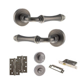 Quality image of Old English Durham Door Handle Pack (Bathroom Set - 2.5" CE Bathroom Lock, 4" Slim Knuckle Hinges x2) - Matt Gun Metal | Sku. adpoe127mbn12 | available from Trade Door Handles.