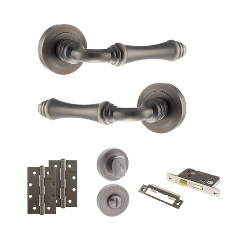 Quality image of Old English Durham Door Handle Pack (Bathroom Set - 3" CE Bathroom Lock, 4" Slim Knuckle Hinges x2) - Matt Gun Metal | Sku. adpoe127mbn13 | available from Trade Door Handles.